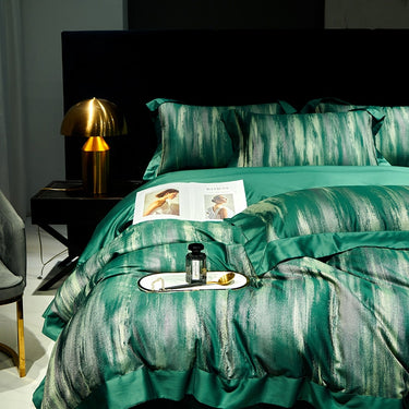 Luxury Green Satin Art Paint Patchwork Jacquard Duvet Cover Set, 1000TC Egyptian Cotton Bedding Set